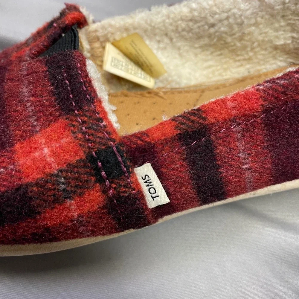 TOMS Womens Alpargata Red Plaid‎ Wool Faux Shearling Lined Slip On Shoes 8.5